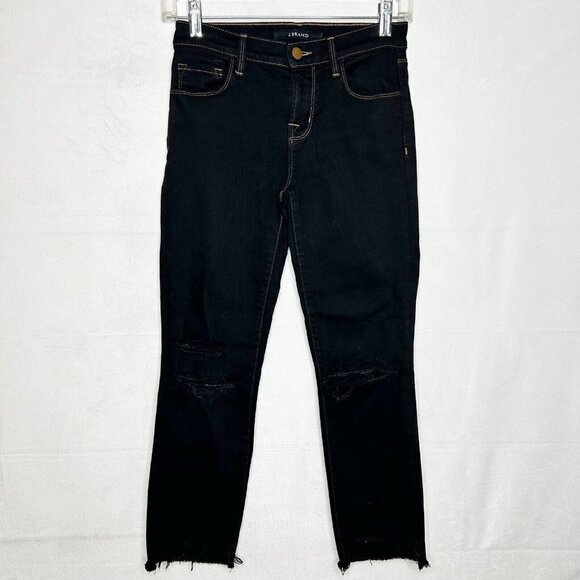 J Brand Mid-Rise Straight Crop Dark Wash Black Distressed Jeans Size 24 (24x25) - Picture 1 of 7